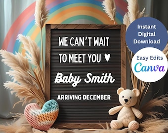 Digital Pregnancy Announcement, Letter Board Template, Rainbow Baby (Editable Canva)