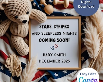 4th of July Pregnancy Announcement, Editable Letter Board, Red White and Due (Digital Download)