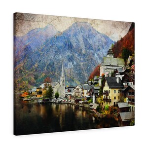 Hallstatt - Österreichisches Dorf -- Premium Wand Leinwand Kunstdruck