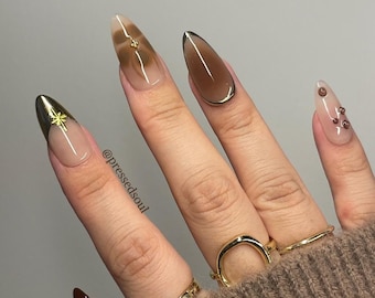 ELOWEN | Brown Floral Press On Nails | Gold French Nails | Aura Nails | Gold Accent Nail Art | Fall Nails | Funky Nail Art