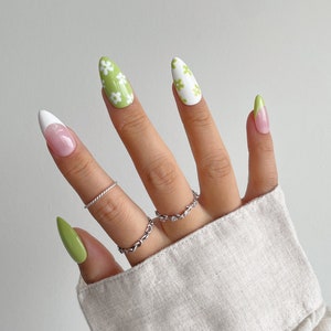 MAE | Green Floral Press On Nails | Contrasting Floral Green Nails | Spring Nails | French Tip Nails