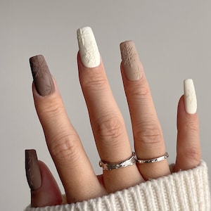 HOLLY | Matte Embossed Snowflakes Press On Nails | Gradient Matte Brown Nails | Cozy Snowflakes Nails | Winter Nails | Reusable Nails