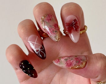 SIENA | Floral Coquette Press On Nails | Deep Red Blush Nails | Balletcore Nails | Quilted Nails | Gold Accent Nails | Rose Nails