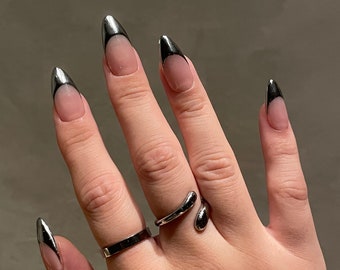 MILA | Black Chrome Frenchie Press On Nails | Silver Chrome Nails | French Tip Nails | Y2K Chrome Nails | Reusable Nails