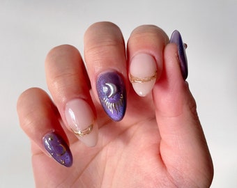 NAOMI | Purple Moonlight Press On Nails | French Line Art | Gold Accent Starry Nails | Cat Eye Nails | Magnetic Gel Nails | Reusable Nails
