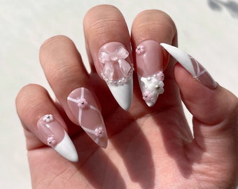 BLYTHE | Sakura Coquette Press On Nails | Cute Pink Bow Nails | Pearl Coquette Nails | Ballet Nails | Sakura Flower Nails | Spring Nails