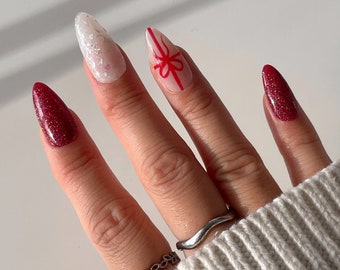 EVIE | Christmas Sparkle Press On Nails | Present Gift Nails | Sparkly Red Christmas Nails | Red Glitter Nails | Reusable Nails