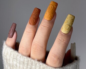ORLA | Fall Matte Embossed Press On Nails | Pumpkin Nails | Fall Gradient Nails | Autumn Leaves Nails| Cozy Nails