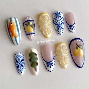 CECILY | Italian Tile Lemon Press On Nails | Summer Vacation Nails | Sicilian Lemon Nails | Spring Fruit Nails | European Nails | 3D Nails
