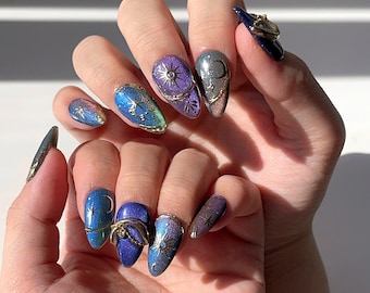 MIZUKI | Celestial Magnetic Press On Nails | Starry Night Nails | Moonlight Nails | Two Tone Nails | 3D Gel Nail Art | Gold Accent Nails