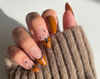 MELORA | Citrouille d'automne à presser sur les ongles | Ongles citrouilles d'automne | Ongles d'Halloween |