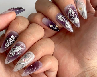 MIKA | Deep Purple Butterfly Press On Nails | 3D Sculpted Gel Nails | Chrome Silver Nails | Butterfly Nails | Reusable Nails