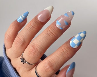 ASPEN | Blue Spring Press On Nails | Funky Spring Designs | Floral Spring Nails | Light Blue Nails