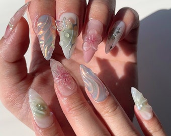 FAYE | Fairycore Aesthetic Press On Nails | Jade Aurora Nails | Lily Pond Nails | Spring Nails | Cottagecore Nails | 3D Gel Nail Art