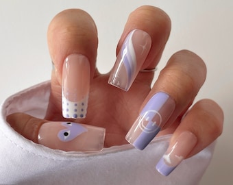 CYBELE | Purple Smiley Swirl Press On Nails | Lilac Heart Face Nails | Abstract Gradient Purple Swirl Nails