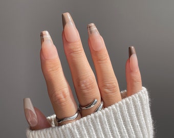 AURETTA | Autumn French Plaid Press On Nails | French Brown Nails | Plaid Flannel Nails | Sweater Weather Nails | Fall Nails