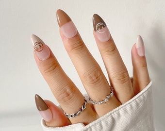 EMERY | Half Neutral Press On Nails | Smiley Face Nails | Half Brown Nude Nails | Fall Nails