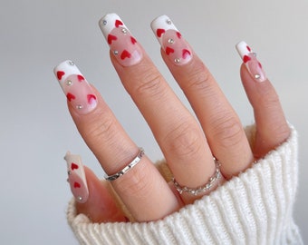 GIANNI | Red Heart Rhinestone Press On Nails | Love Stud Nails | French Nails | Valentine's Day Nails | French Tip Nails