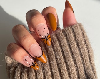 MELORA | Citrouille d'automne à presser sur les ongles | Ongles citrouilles d'automne | Ongles d'Halloween |