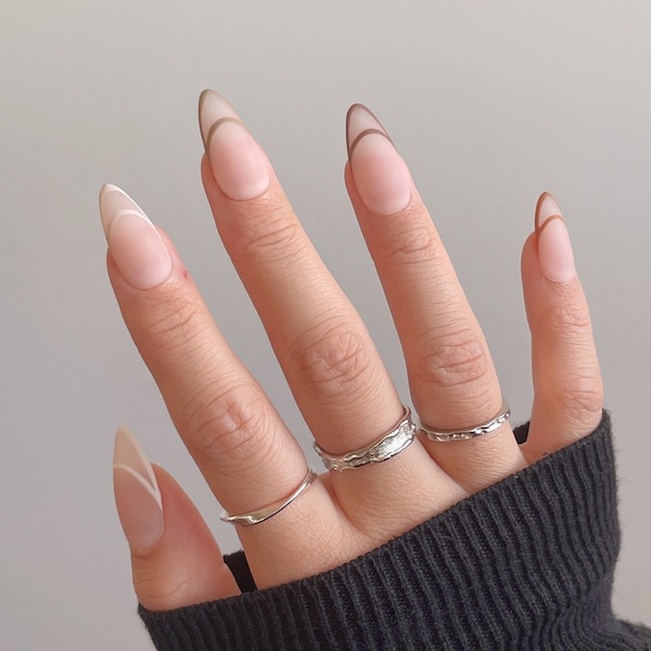 ELLIE | Matte Abstract French Tip Press On Nails | Autumn Fall Colours | Neutral Brown French Nails | Line Art French Tips