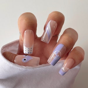CYBELE | Purple Smiley Swirl Press On Nails | Lilac Heart Face Nails | Abstract Gradient Purple Swirl Nails