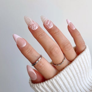 MILENA | Abstract Heart Swirl Press On Nails | Pink Heart Nails | Valentine's Day Nails | Pink French Tip Nails | Simplistic Love Nails