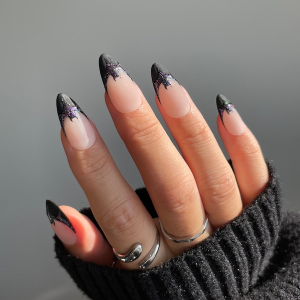 SAFIYA | Halloween Reflective Bat Press On Nails | Glittery Galaxy Bat Nails | Flash Light Reflective Nails Matte Black French Nails |