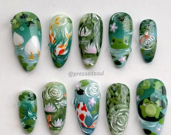 AMAYA| Spring Water Lilypond Nails | Handpainted Koi Fish Pond Nail Art
