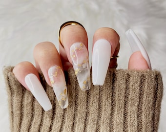 APHRODITE | White Porcelain Gold Marble Press On Nails | Marble Nails | Gold Flakes |