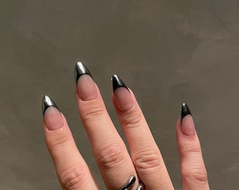 MILA | Black Chrome Frenchie Press On Nails | Silver Chrome Nails | French Tip Nails | Y2K Chrome Nails | Reusable Nails