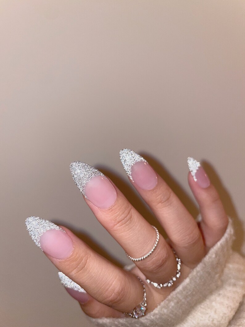 STELLA Reflective French Tip Press On Nails Sparkly Silver French Nails Reflective Glitter Nails New Years Nails Reusable Nails image 3