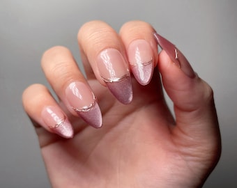 LANA | Magnetic French Press On Nails | Rose Gold Nails | French Tip Nails | Valentine's Day Nails | Cat Eye Nails