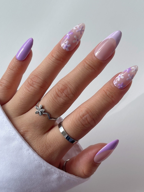 TESSA | Purple Floral Press On Nails | Gradient Purple French Tip