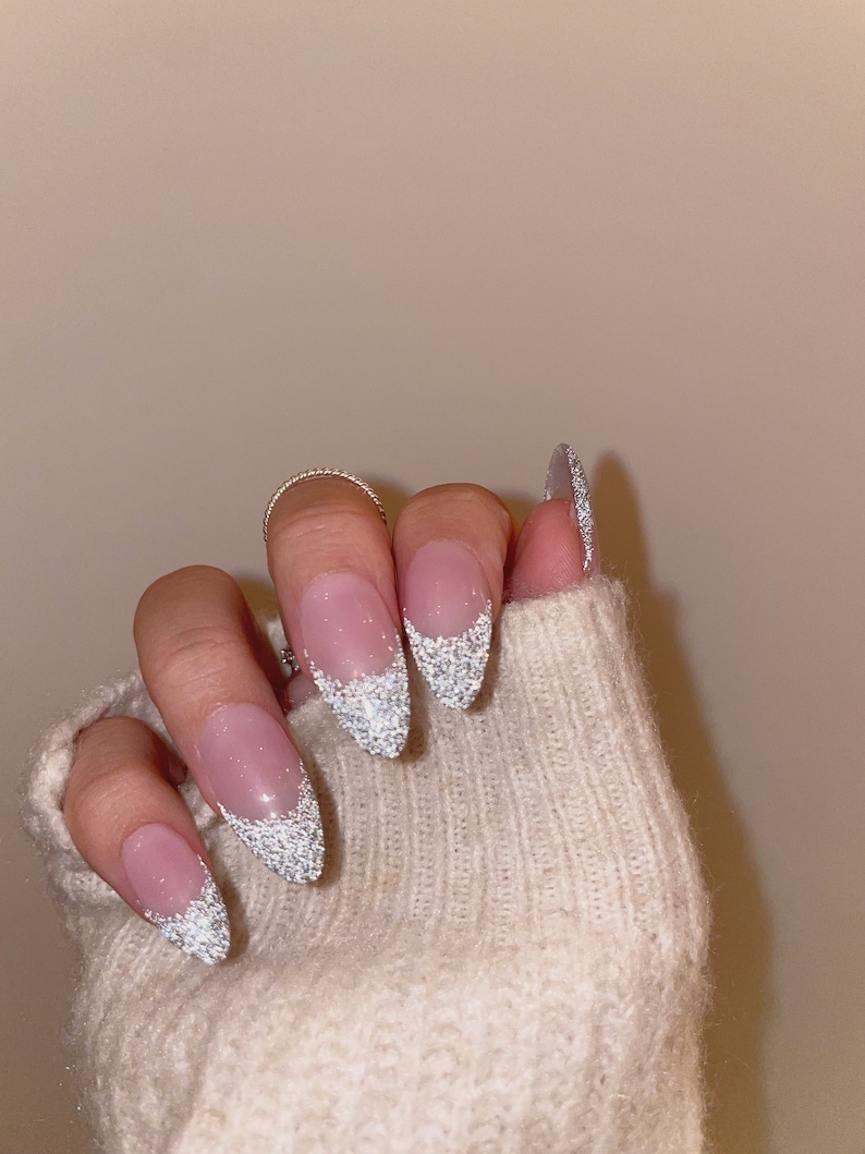 STELLA Reflective French Tip Press On Nails Sparkly Silver French Nails Reflective Glitter Nails New Years Nails Reusable Nails image 2