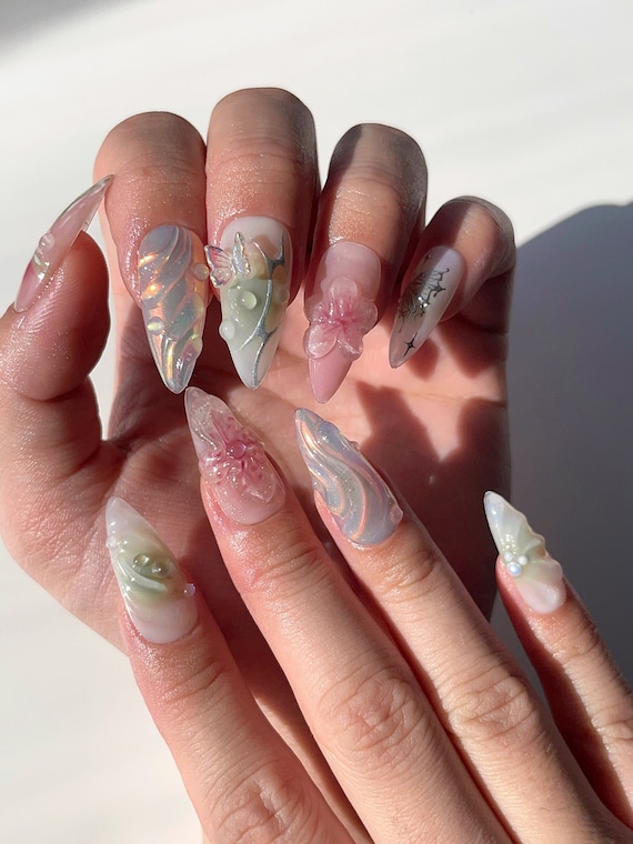 FAYE | Fairycore Aesthetic Press On Nails | Jade Aurora Nails | Lily Pond Nails | Spring Nails | Cottagecore Nails | 3D Gel Nail Art