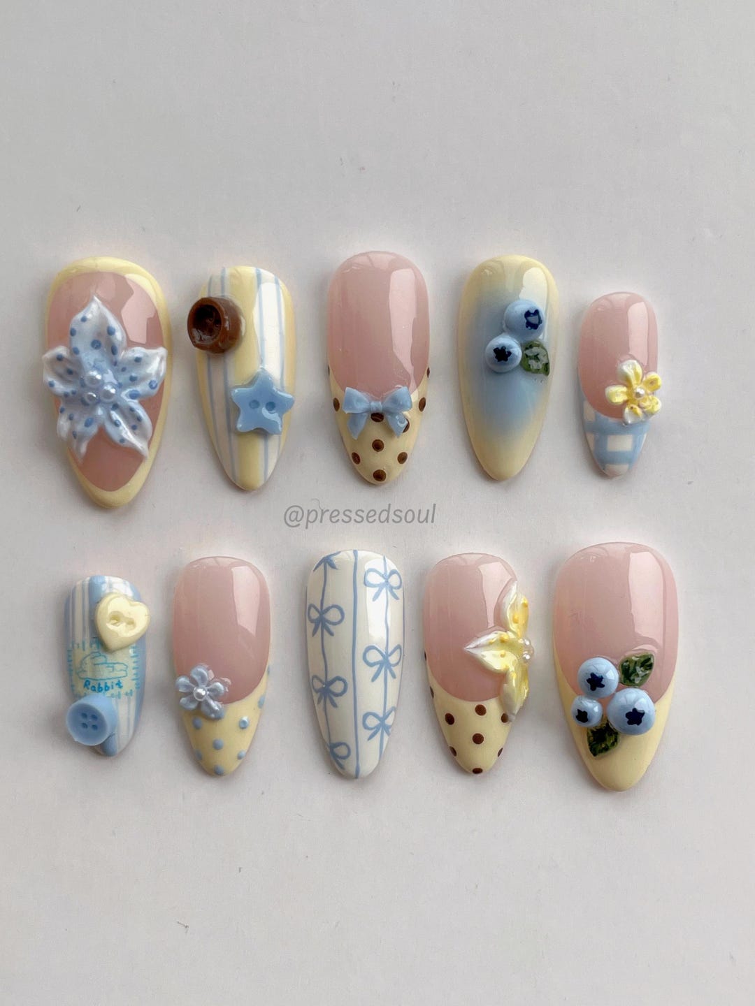 Buttercup| Spring Coquette Nails | Soft Blue Yellow 3D Sculpted Nail ...