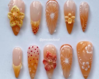 ALANI | Sunkissed Tropical Press On Nails | 3D Floral Nails | 3D Fruit Nails | Hawaiian Sunset Nails | Summer Vacation Nails