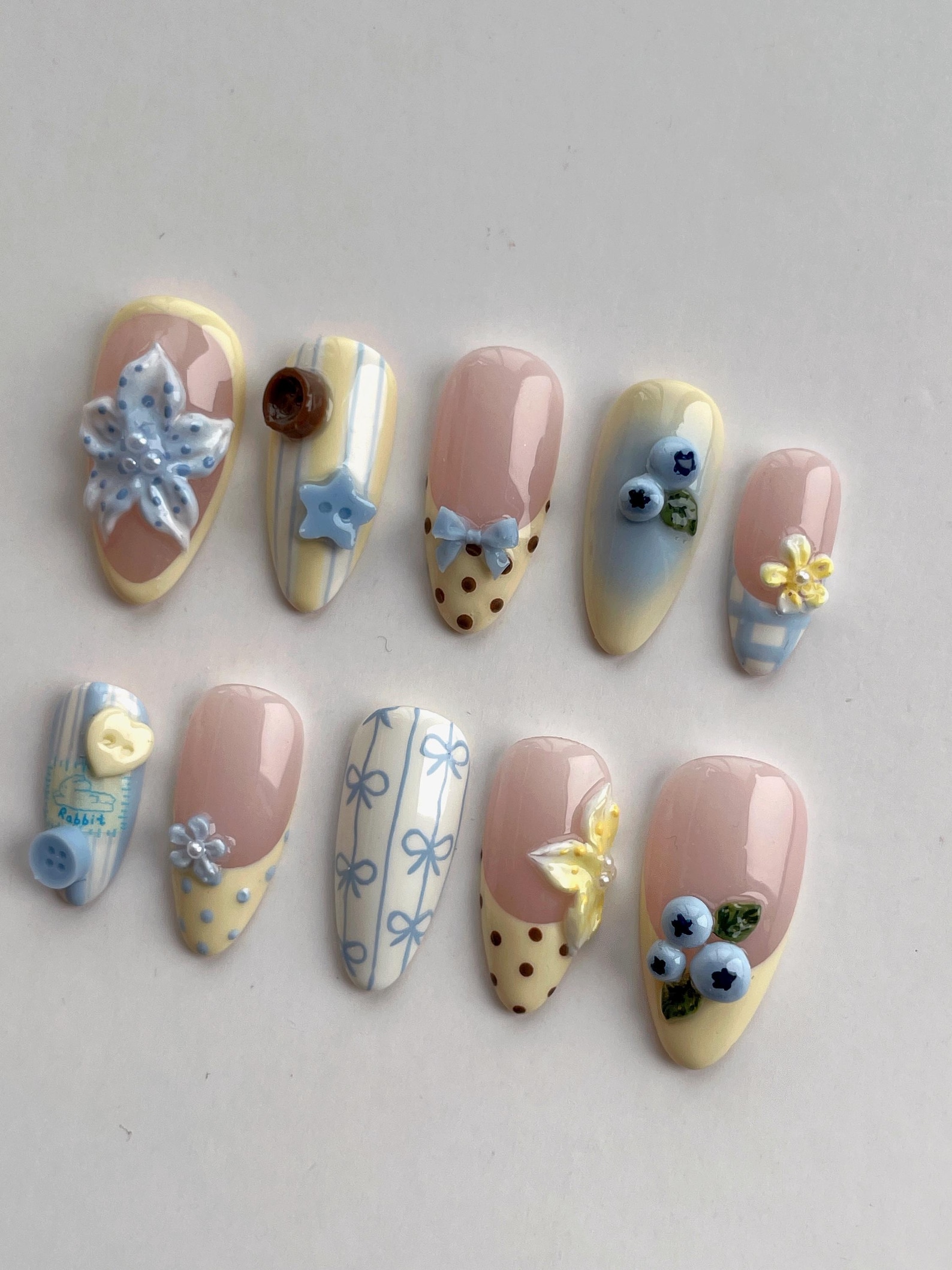 Buttercup| Spring Coquette Nails | Soft Blue Yellow 3D Sculpted Nail ...