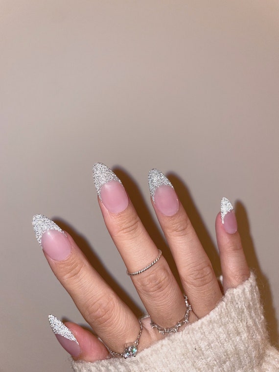 STELLA Reflective French Tip Press on Nails Sparkly Silver French Nails Reflective  Glitter Nails New Years Nails Reusable Nails 