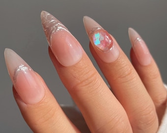 ANNIKA | Mirror Chrome French Press On Nails | Aurora Gemstone Nails | Blushed Pink Nails | Silver Chrome Nails | French Tip Nails