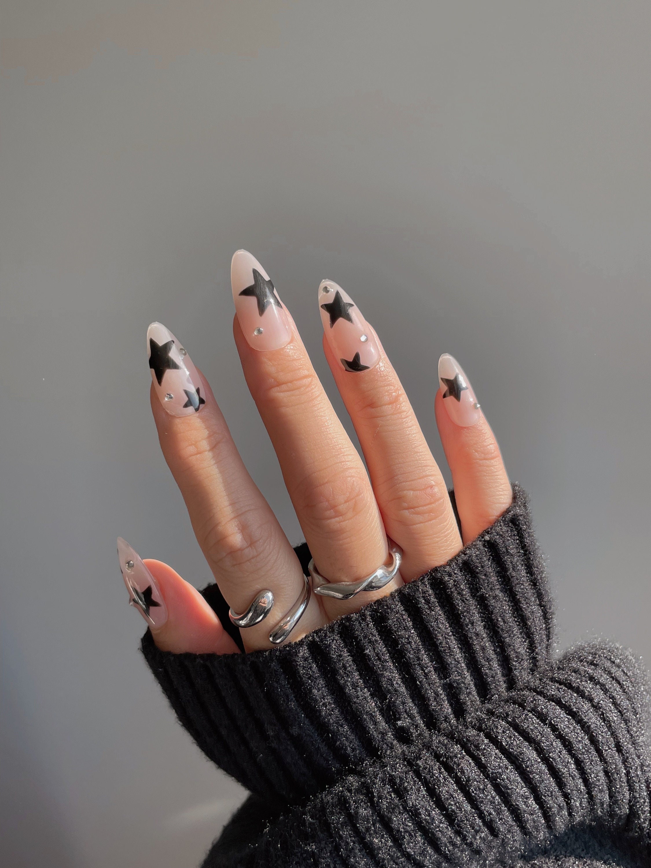 NOVA Black Star Rhinestone Press on Nails Supernova Nails