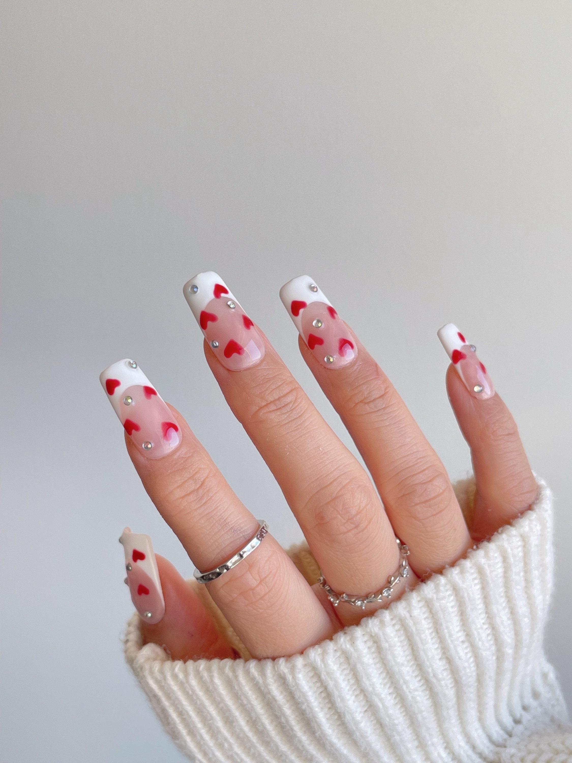 French White Long Press on Nails NEW Red Rhinestones Valentine stocking  stuffer 