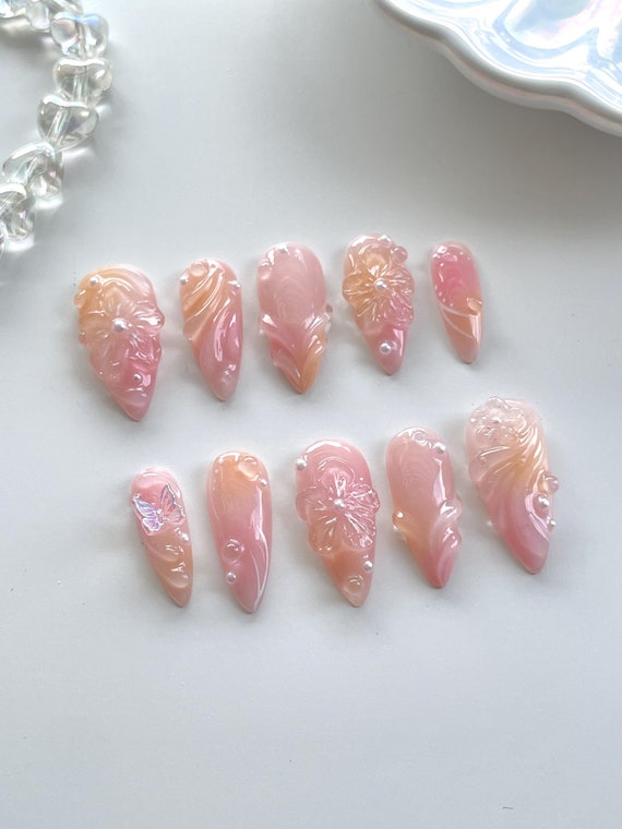 Peach | Jelly Sunset Floral Press On Nails | 3D Flower Nails | Y2K Ombré Nails | Summer Sunset Nails | Peachy Pink Nails | 3D Gel Nail Art