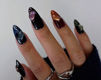 MAEVE | Dark Autumn Jewel Press On Nails | 3D Water Droplet Nail Art | Moody Cateye Gem Nails