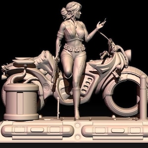May include: A detailed sculpture of a woman in futuristic attire, leaning against a stylized motorcycle. The figure holds a rifle, and the motorcycle has a unique, mechanical design. The sculpture is in a neutral color, set against a dark background.