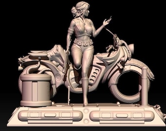 May include: A detailed sculpture of a woman in futuristic attire, leaning against a stylized motorcycle. The figure holds a rifle, and the motorcycle has a unique, mechanical design. The sculpture is in a neutral colour, set against a dark background.