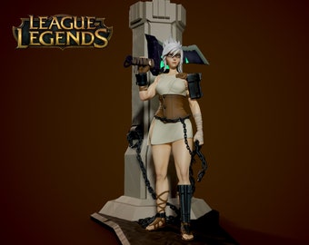 May include: A female character from the video game League of Legends, with white hair, holding a large axe with a green blade. She is wearing a white dress, brown leather armour, and black sandals. She is standing in front of a stone structure.