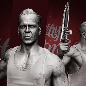 May include: A gray bust of a man with short, slicked-back hair, wearing a sleeveless shirt and holding a gun in his right hand. The background is a red wall with white polka dots.