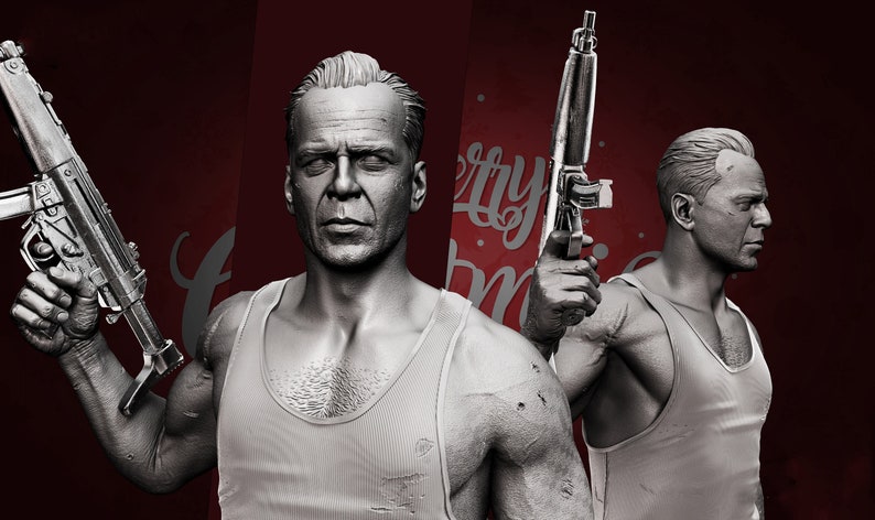 May include: A gray bust of a man with short, slicked-back hair, wearing a sleeveless shirt and holding a gun in his right hand. The background is a red wall with white polka dots.