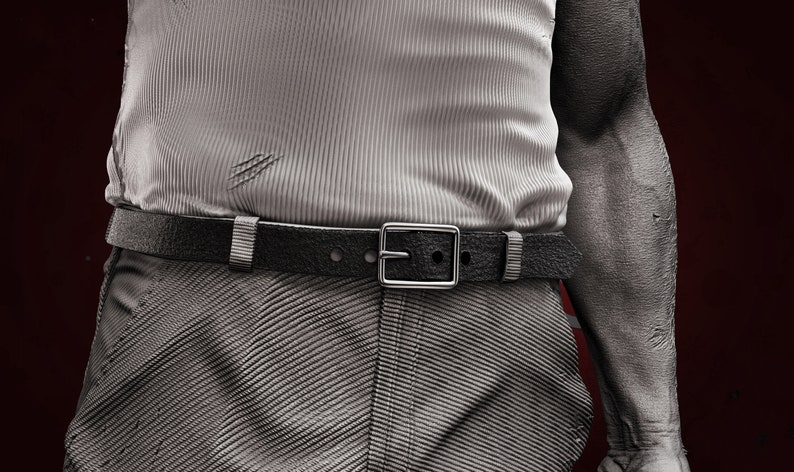 May include: A close-up of a person wearing a gray ribbed shirt with a black leather belt and a silver buckle. The shirt has several small tears.